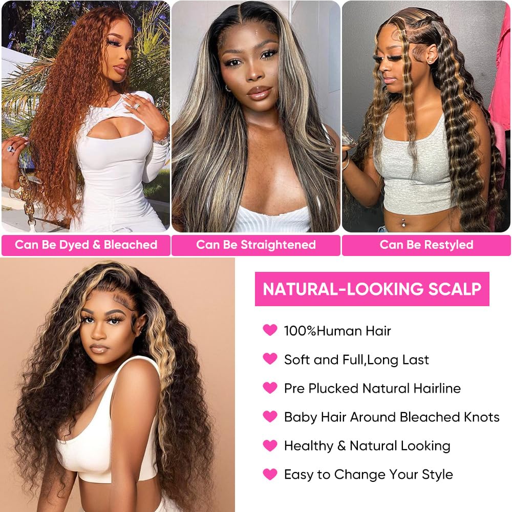 1B/30 Deep Wave Lace Front Wigs Human Hair Pre Plucked Balayage Ombre Brown Curly Lace Front Wig Human Hair13x4 HD Lace Frontal Glueless Wigs for Women 180% Density 26 Inch