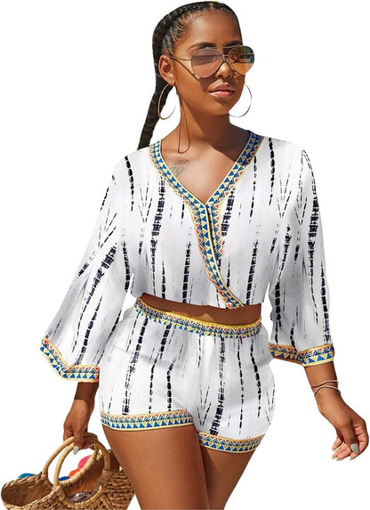 Sexy Two Piece Shorts Set - African Floral Jumpsuits Rompers Vacation Club Outfit