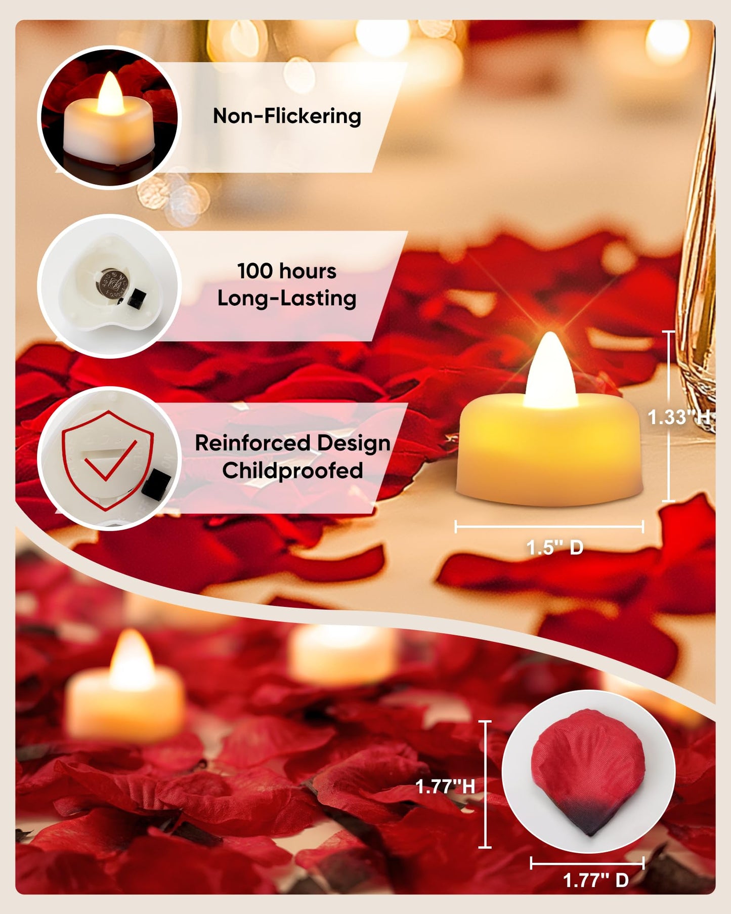 Amagic 1000 Pieces Artificial Rose Petals with 12 Heart LED Tea Lights Candles Kit, Rose Petals and Candles Set for Proposal, Anniversary, Valentine's Day, Special Romantic Night, Wedding Table Decor
