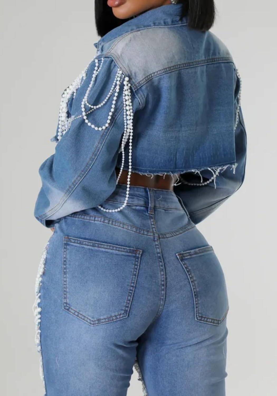 Lucuna Women's Cropped Denim Jacket Long Sleeve Trendy Pearl Distressed Crop Top Jean Jacket Coat