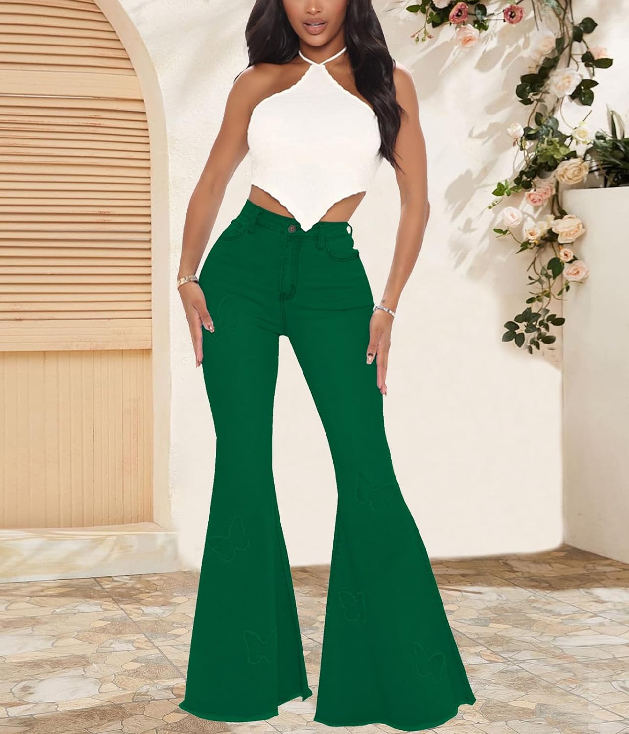 Women's Bell Bottom Jeans Classic Destoryed Ripped Flare Jeans Elastic Waist Raw Hem Denim Pants