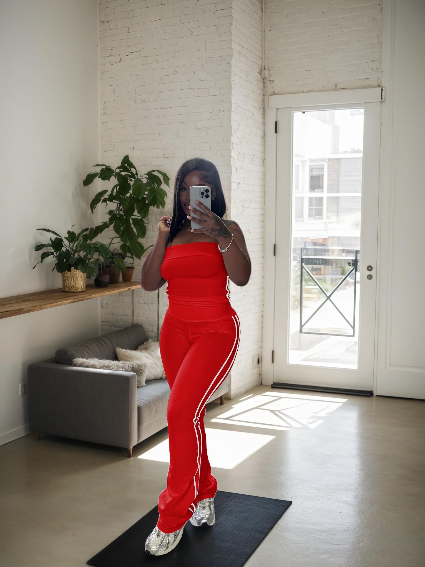 HBQ Women Two Piece Outfits Strapless Crop Top and Flare Pants Casual Stripe Lounge Sets Tracksuits