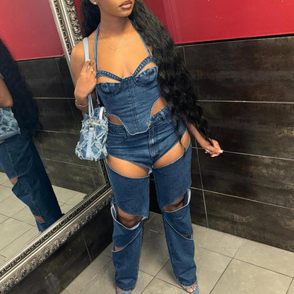 Denim 2 Piece Outfit for Women Sleeveless Cropped Tank Top Bodycon Pants Set Sexy Jean Hollow Out Party Club Tracksuit