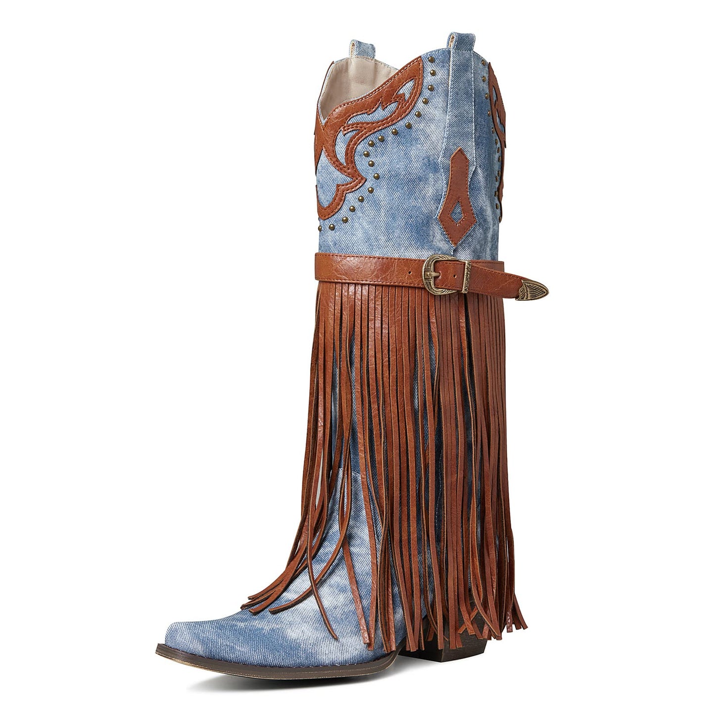 SaraIris Women's Western Bootie, Fashion Pointed Toe, Chunky Heel, Embroidered, Fringe, Pull-On, Mid Calf Boots, 2.75 inches, Knee High, PU, Denim, Rubber