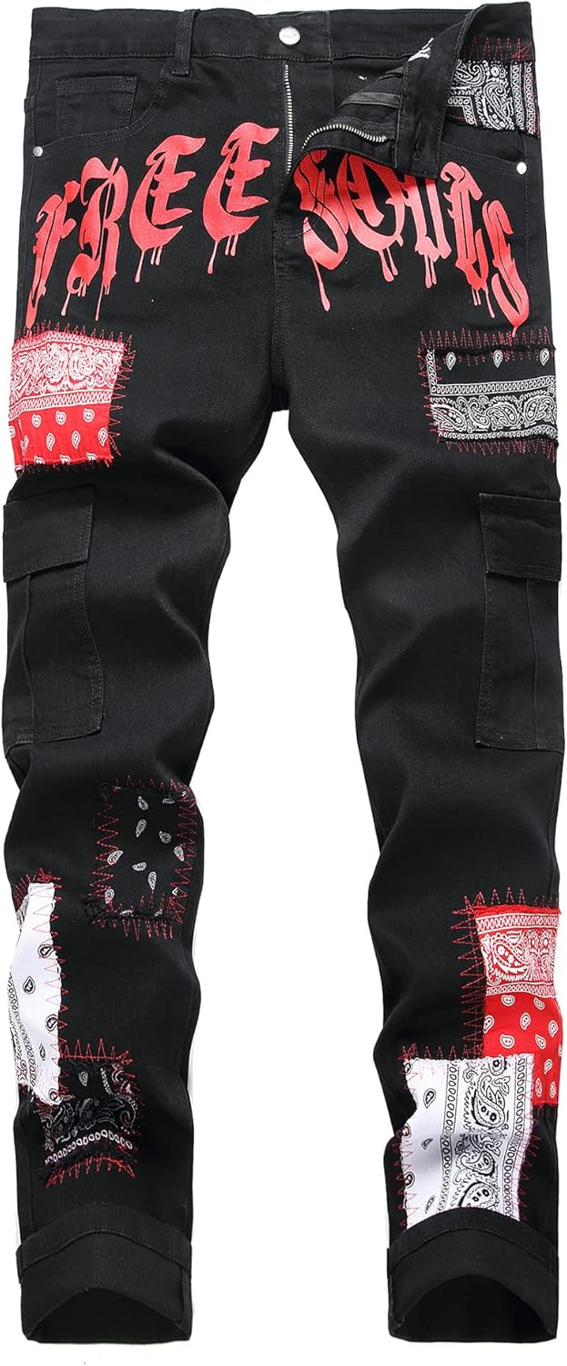 Baylvn Men's Designer Straight Slim Fit Patchwork Jeans Comfort Skinny Biker Denim Pants