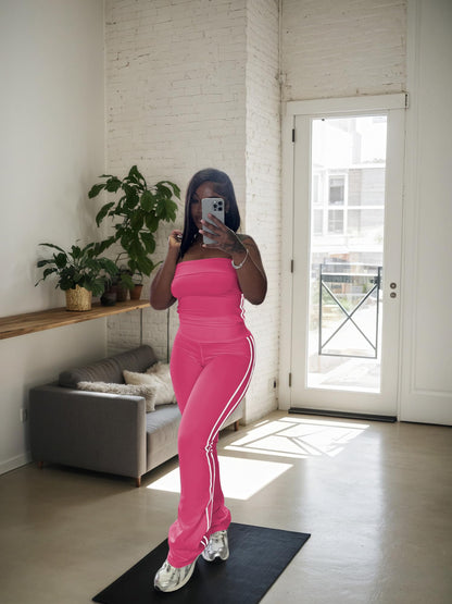 HBQ Women Two Piece Outfits Strapless Crop Top and Flare Pants Casual Stripe Lounge Sets Tracksuits