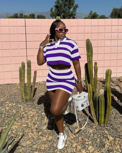 HBQ Women's Casual Two Piece Skirt Sets Polo Collar Crop Top Striped Mini Dress Summer Vacation-Stripe