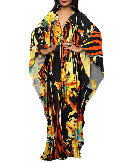 Bsubseach Women Ethnic Print Kaftan Beach Dress Plus Size Swimsuit Cover Up