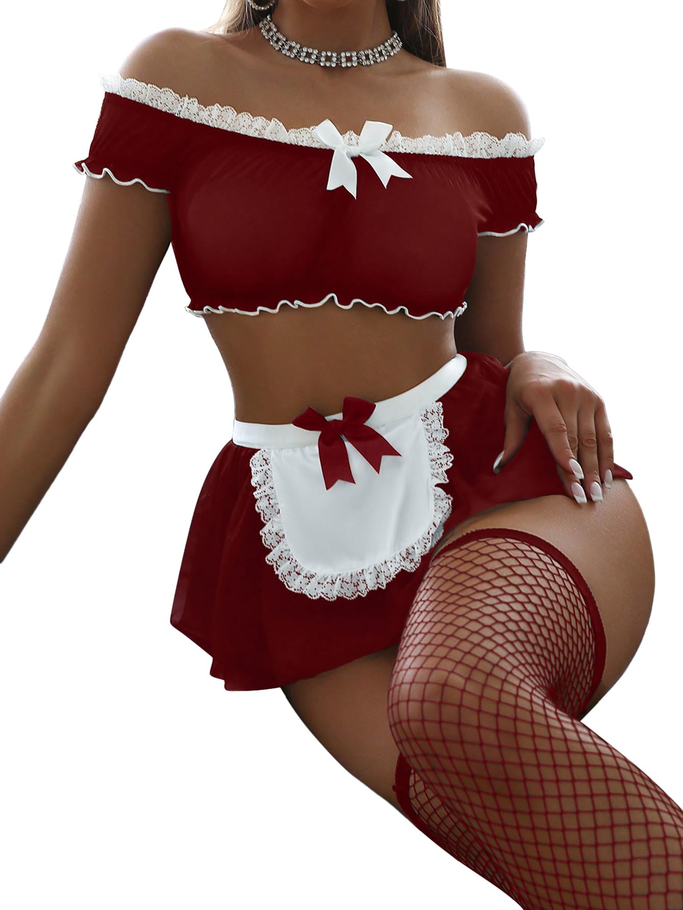 Sexy Stockings Mini Skirt Mesh Sheer Lace Costume Outfit Lingerie with Thong Set 4 Piece