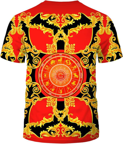 LAOLIUSN Men's Gold Shiny Printed T-Shirt - Golden Ornate Theme, Floral Graphic Tee Shirt
