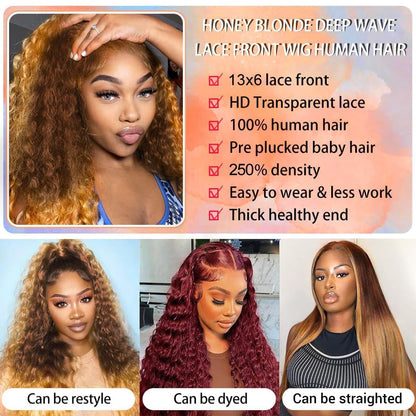 MEGOOD 200% Density Reddish Brown Deep Wave Lace Front Wigs Human Hair 13x4 HD Transparent Curly Human Hair Wig Pre Plucked 13X4 Ginger Wig Human Hair Glueless Colored Wigs With Baby Hair 18inch