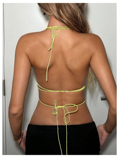 SweatyRocks Women's Glitter Rhinestone Criss Cross Halter Tops Backless Sleeveless Asymmetrical Party Crop Tops