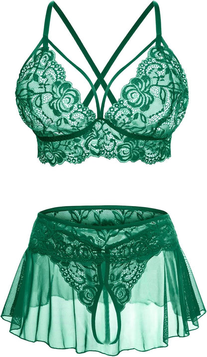 Sexy Lingerie for Women Naughty 3 Piece Lace Bralette, Mini Skirt with G-String Crotchless Lingerie Outfits