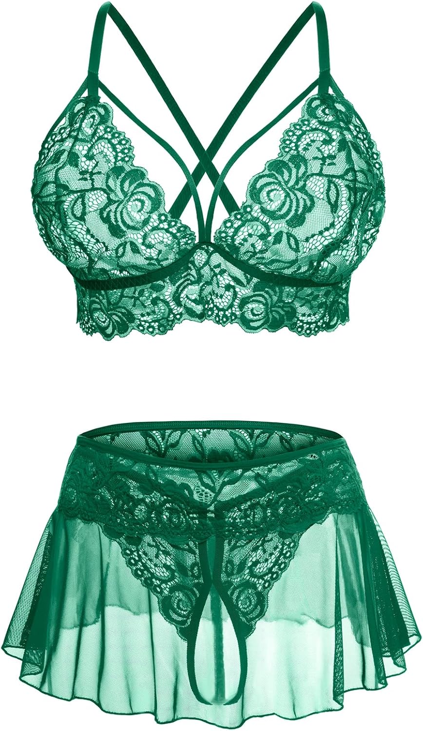 Sexy Lingerie for Women Naughty 3 Piece Lace Bralette, Mini Skirt with G-String Crotchless Lingerie Outfits