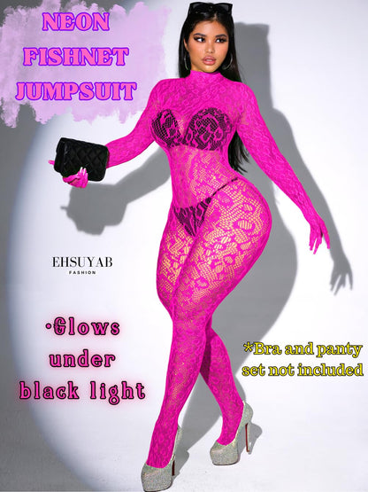 Sexy Lace Leopard Jumpsuit For Women, Fishnet Bodysuit Glow Party Club, Poster One Piece Mesh Full Body Rave Outfits