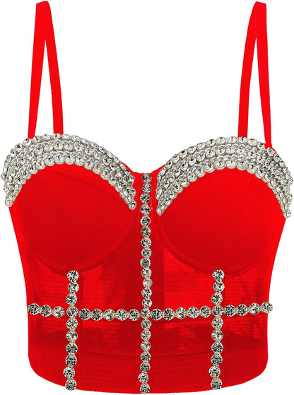 Women's Handmade Rhinestone Diamond Push up Bustier Crop Top Punk Corset Bra Vest