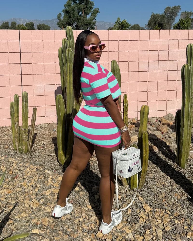 HBQ Women's Casual Two Piece Skirt Sets Polo Collar Crop Top Striped Mini Dress Summer Vacation-Stripe