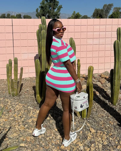 HBQ Women's Casual Two Piece Skirt Sets Polo Collar Crop Top Striped Mini Dress Summer Vacation-Stripe