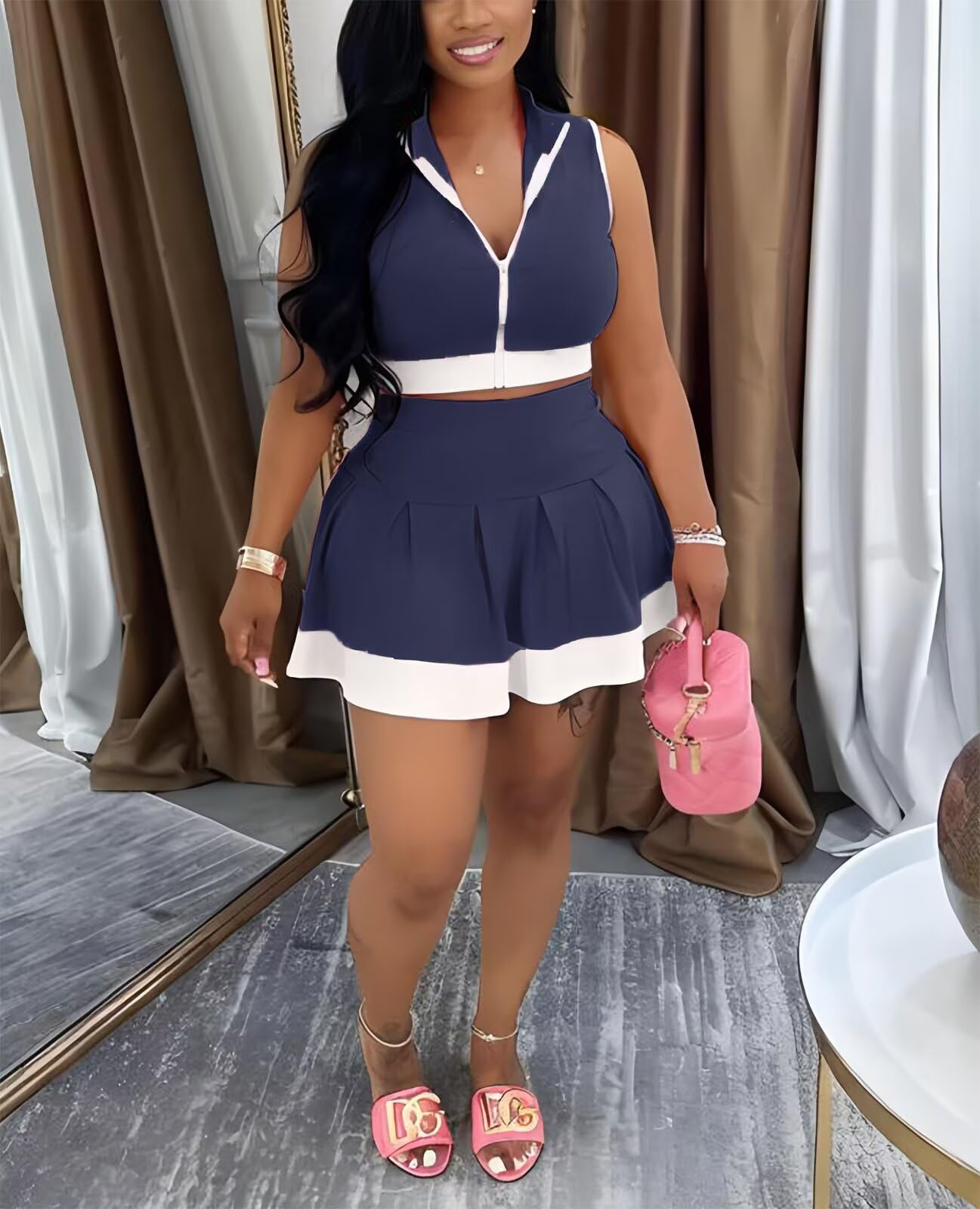 Tennis Outfit Skirt Sets Women 2 Piece Outfits Zipper V Neck Crop Tops and Pleated Skirt Set Summer Tracksuits