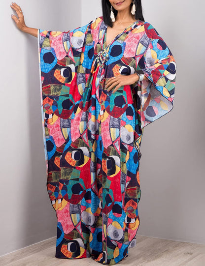 Bsubseach Women Ethnic Print Kaftan Beach Dress Plus Size Swimsuit Cover Up