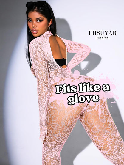 Sexy Lace Leopard Jumpsuit For Women, Fishnet Bodysuit Glow Party Club, Poster One Piece Mesh Full Body Rave Outfits