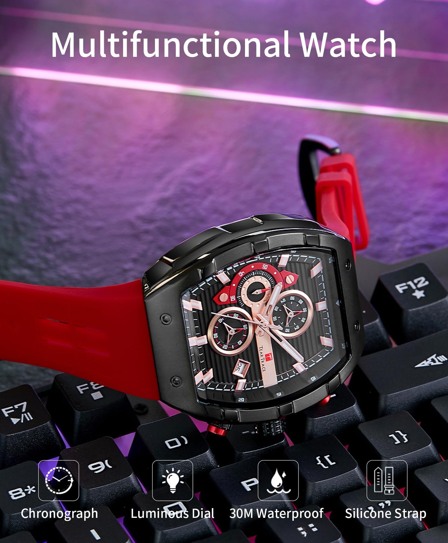 Watches for Men Analog Quartz Waterproof Sport Men’s Watch Tonneau Chronograph Luminous Fashionable Unique Casual Watch with Silicone Strap