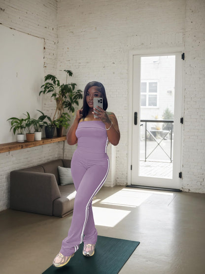 HBQ Women Two Piece Outfits Strapless Crop Top and Flare Pants Casual Stripe Lounge Sets Tracksuits