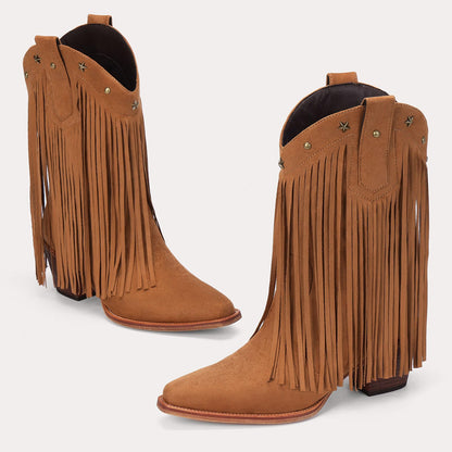 Fringe Cowboy Boots for Women – Mid Calf Cowgirl Boots with Star Studded, Pointed Toe and Chunky Heel, Perfect for Country Music Festivals