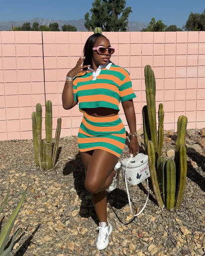 HBQ Women's Casual Two Piece Skirt Sets Polo Collar Crop Top Striped Mini Dress Summer Vacation-Stripe