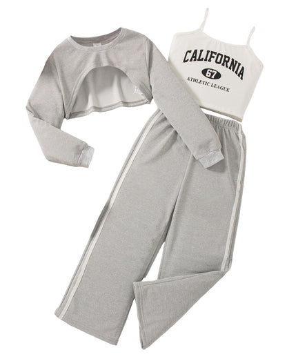 Girls 3 Piece Outfits Long Sleeve Crop Shirts & Cami Tops & Sweatpants Sets Fall Clothes Size 8-12Y