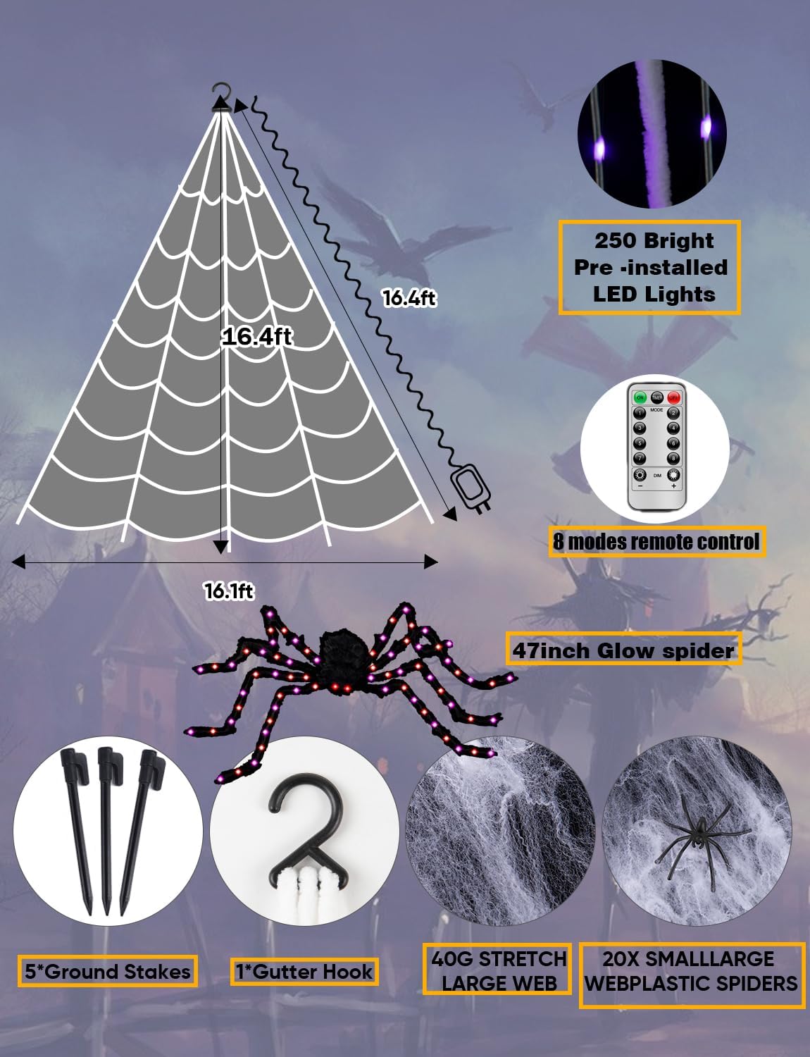 Spider Webs Halloween Decorations Lights - 250 LEDs Outdoor Halloween String Lights with 60" Light Up Spider,8 Modes Remote Control 16.4Ft Spiderweb,Waterproof (Orange+Purple)