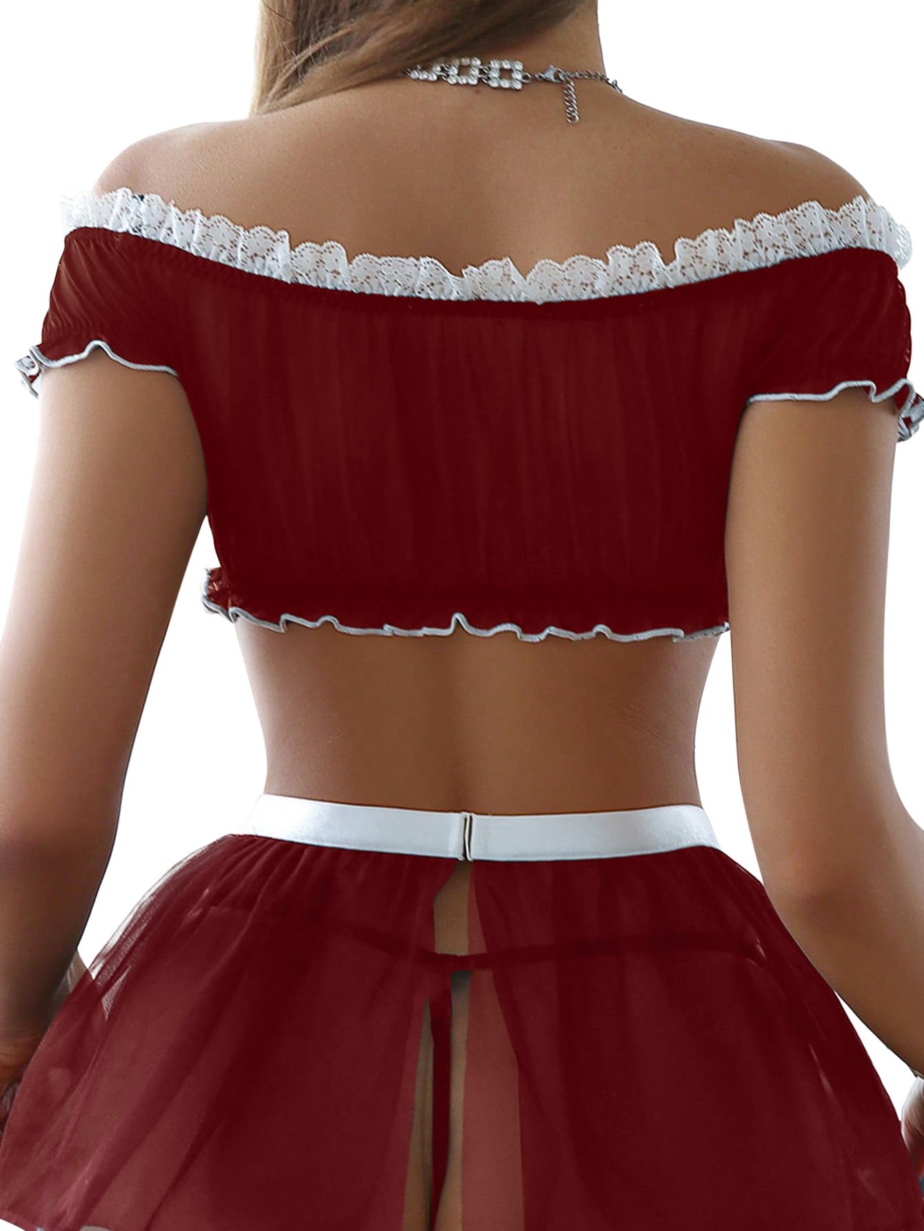 Sexy Stockings Mini Skirt Mesh Sheer Lace Costume Outfit Lingerie with Thong Set 4 Piece