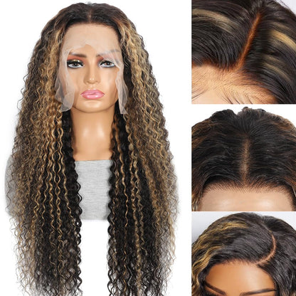 1B/30 Deep Wave Lace Front Wigs Human Hair Pre Plucked Balayage Ombre Brown Curly Lace Front Wig Human Hair13x4 HD Lace Frontal Glueless Wigs for Women 180% Density 26 Inch