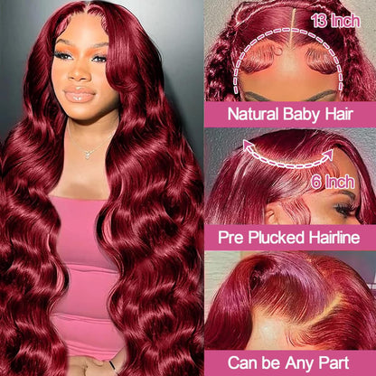 28 Inch 99j Burgundy Lace Front Wigs Human Hair Red Burgundy Wig Human Hair 180% Density 13x6 Body Wave Lace Front Wigs Pre Plucked Glueless Lace Front Wigs Human Hair Wigs for Women