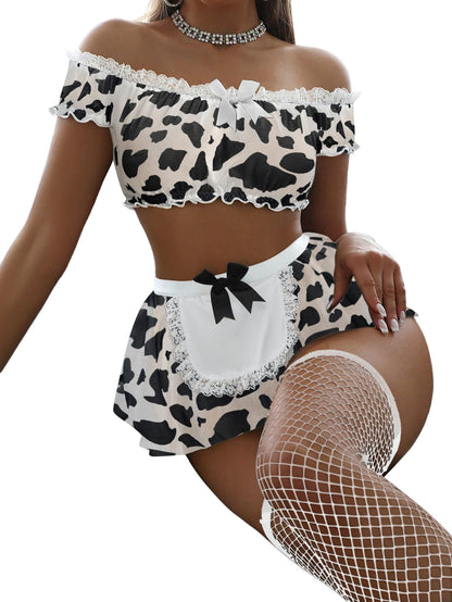 Sexy Stockings Mini Skirt Mesh Sheer Lace Costume Outfit Lingerie with Thong Set 4 Piece