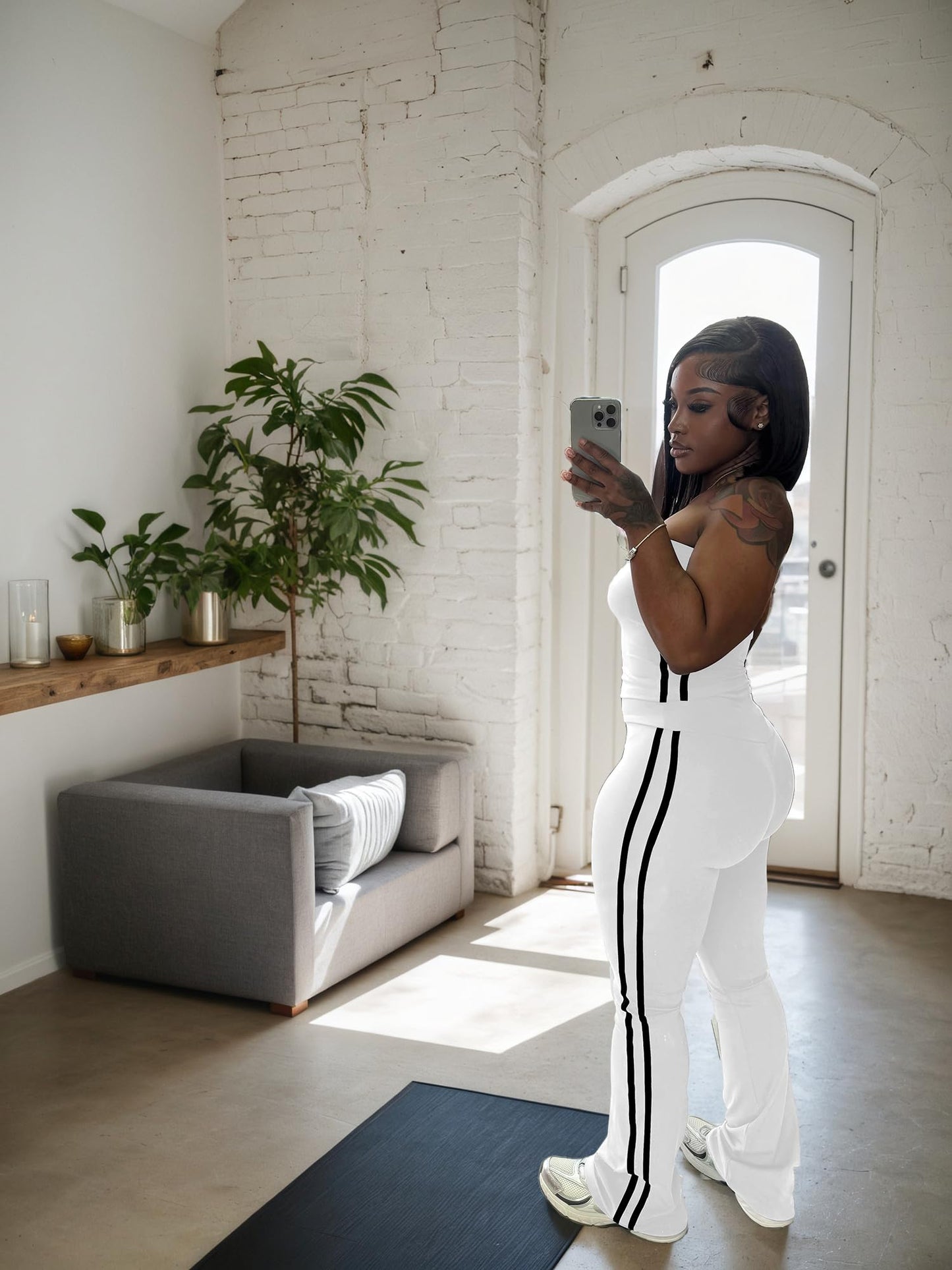 HBQ Women Two Piece Outfits Strapless Crop Top and Flare Pants Casual Stripe Lounge Sets Tracksuits