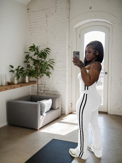 HBQ Women Two Piece Outfits Strapless Crop Top and Flare Pants Casual Stripe Lounge Sets Tracksuits