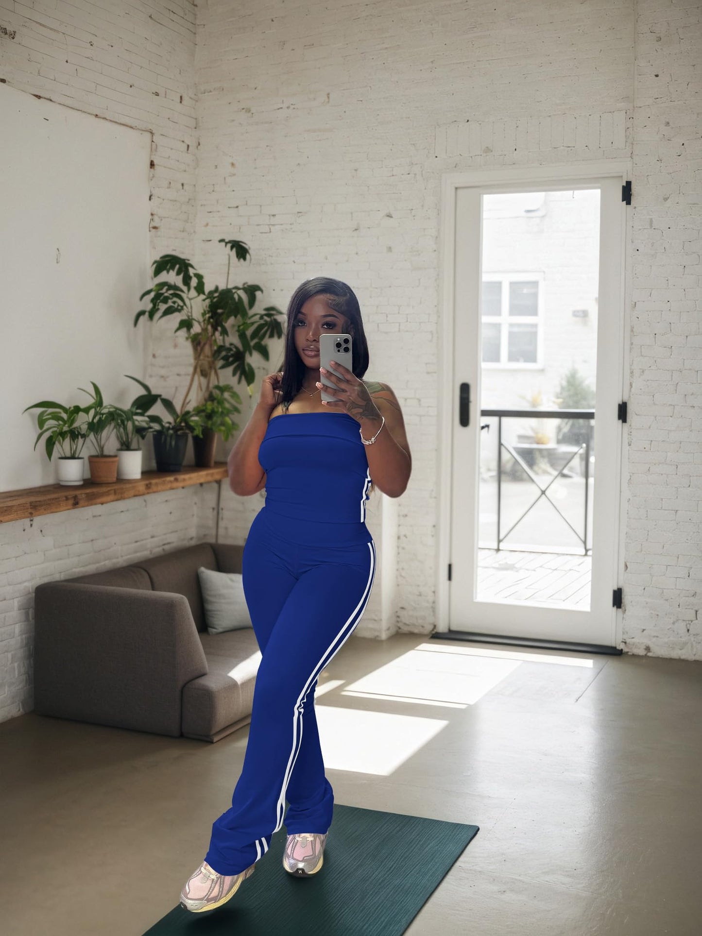 HBQ Women Two Piece Outfits Strapless Crop Top and Flare Pants Casual Stripe Lounge Sets Tracksuits