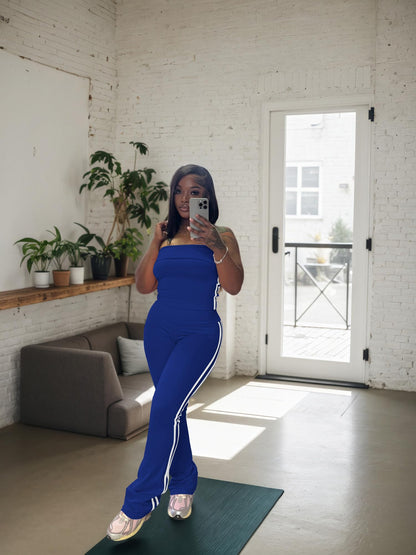 HBQ Women Two Piece Outfits Strapless Crop Top and Flare Pants Casual Stripe Lounge Sets Tracksuits