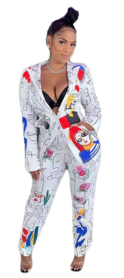 Womens Sexy 2 Pieces Graffiti Print Blazer Suit Pants Set Nightclub Tracksuit Outfit Set