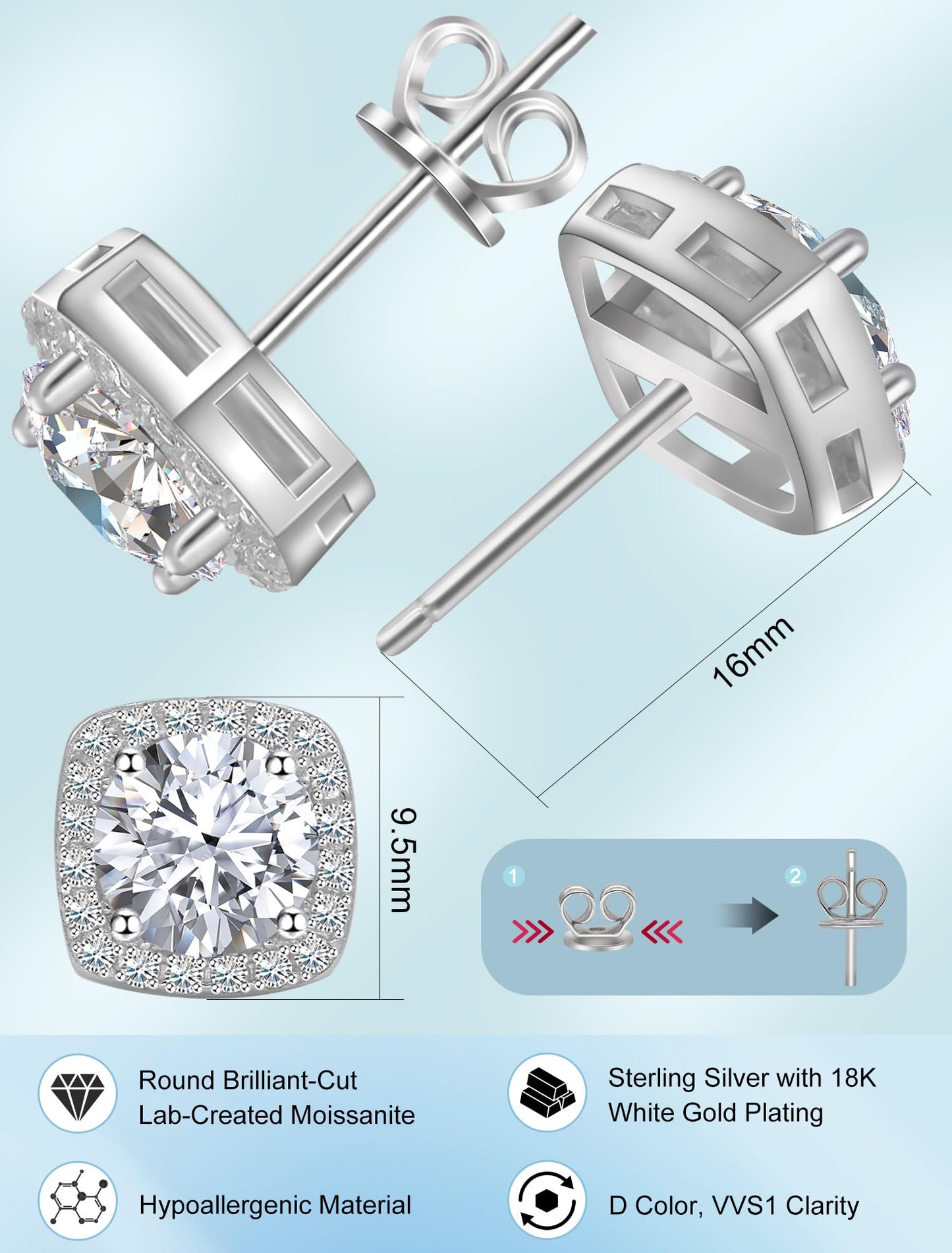 Moissanite Stud Earrings, VVSI Quality D Color Round Cut, Lab Created 925 Sterling Silver with 18K White Gold Plated, Double Halo Design – Idea Gift for Women Men