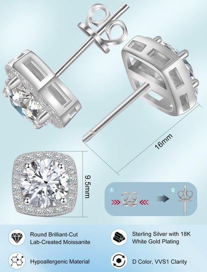Moissanite Stud Earrings, VVSI Quality D Color Round Cut, Lab Created 925 Sterling Silver with 18K White Gold Plated, Double Halo Design – Idea Gift for Women Men