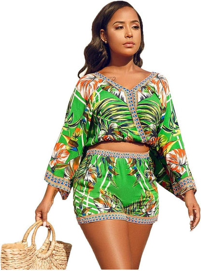 Sexy Two Piece Shorts Set - African Floral Jumpsuits Rompers Vacation Club Outfit