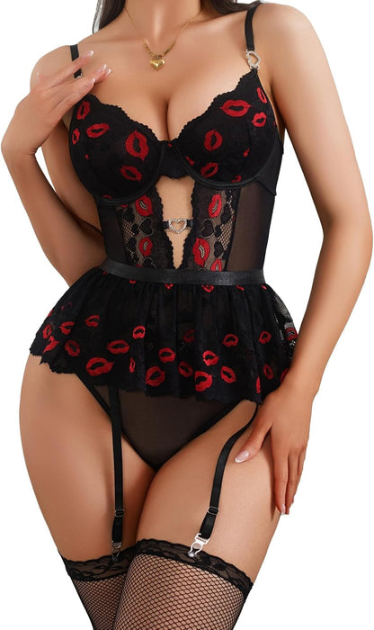 Women Lingerie Set Naughty Lace Bodysuit High Waisted Underwire Lingerie Babydoll With Garter Belt and Stockings