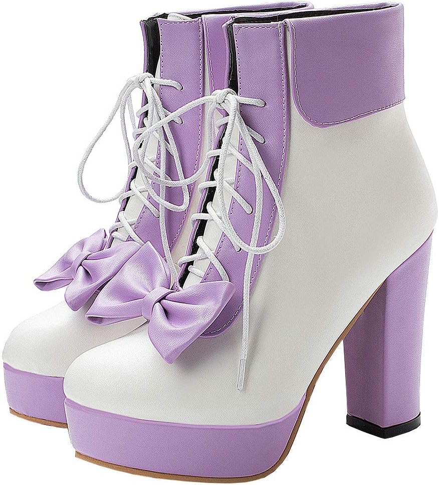 Parisuit Womens Dress Kawaii Boots Chunky High Heel Platform Ankle Booties Lace Up Sweet Bow Shoes
