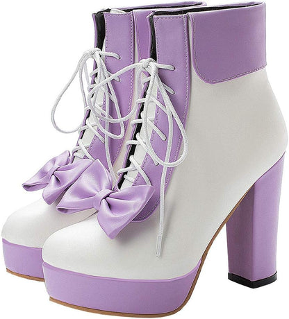 Parisuit Womens Dress Kawaii Boots Chunky High Heel Platform Ankle Booties Lace Up Sweet Bow Shoes