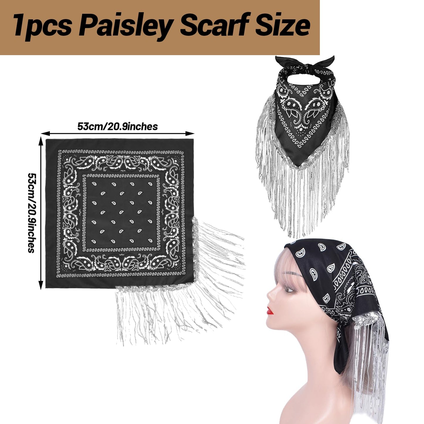 Ibeauti Cowboy Hat with Fringed Bandana Set for Women Wide Brim Western Cowgirl Hat Paisley Head Wrap Scarf