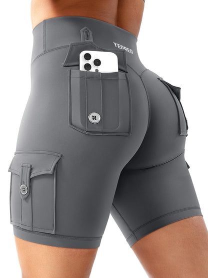 YEOREO CoreFlex Women Workout Biker Shorts with Cargo Pockets Hidden Scrunch High Waisted 8" Inseam Gym Shorts