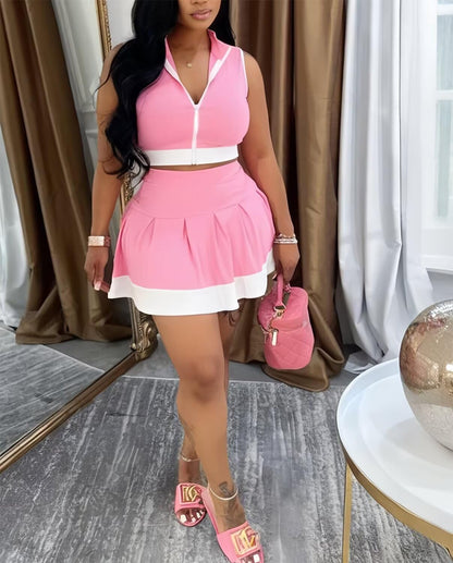 Tennis Outfit Skirt Sets Women 2 Piece Outfits Zipper V Neck Crop Tops and Pleated Skirt Set Summer Tracksuits