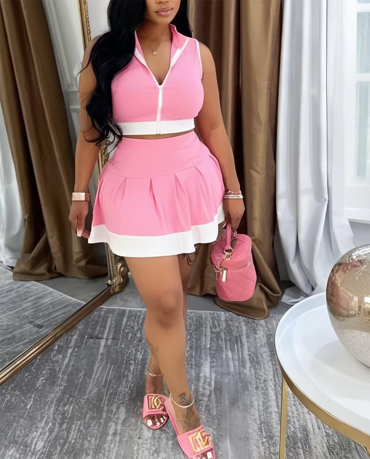 Tennis Outfit Skirt Sets Women 2 Piece Outfits Zipper V Neck Crop Tops and Pleated Skirt Set Summer Tracksuits